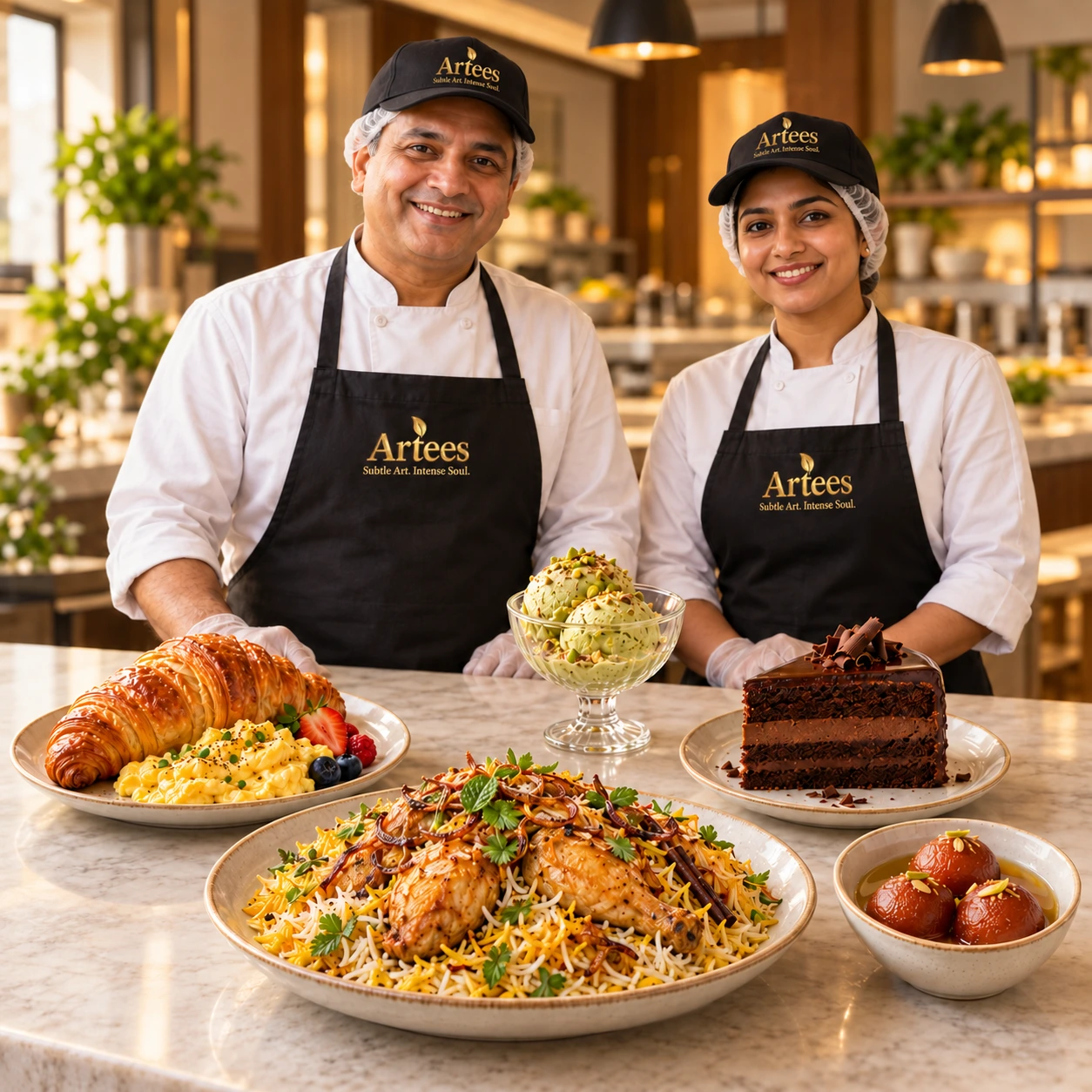Artees owner and worker presenting food from several domains