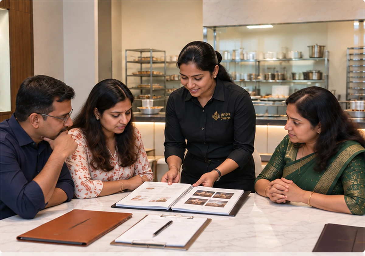 Artees Sweets representative reviewing product information with prospective owners.