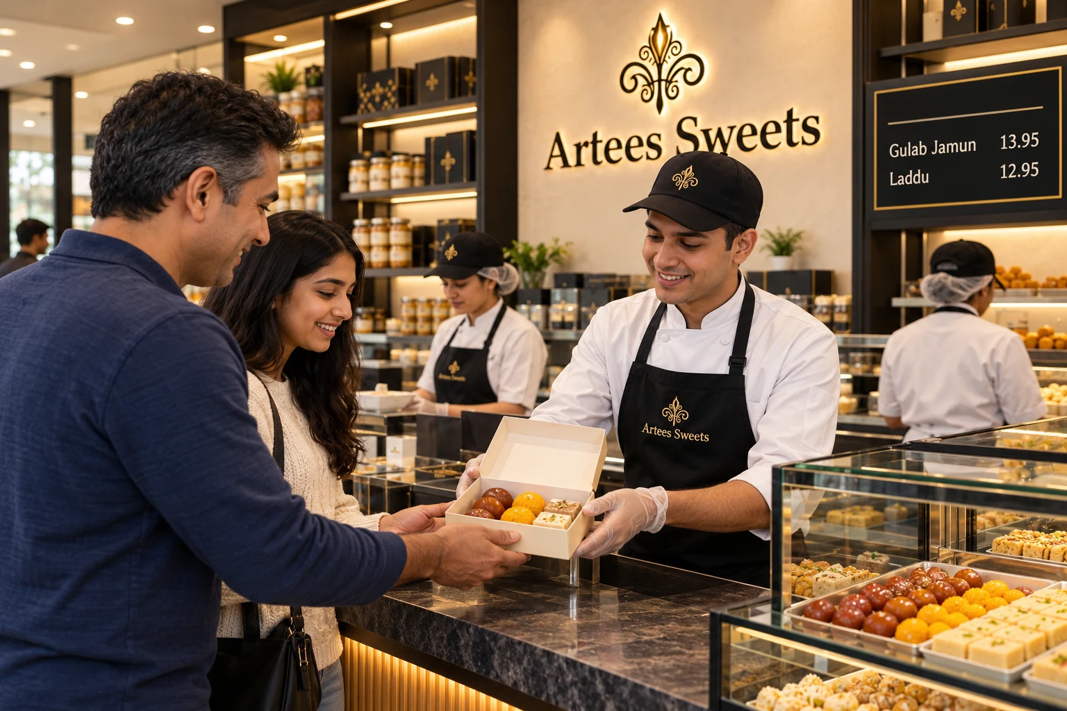 A father and daughter collecting a small box of sweets for everyday enjoyment.