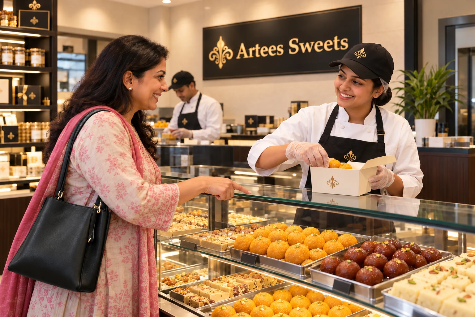 A familiar customer choosing her favorite sweets as a counter attendant prepares her box.