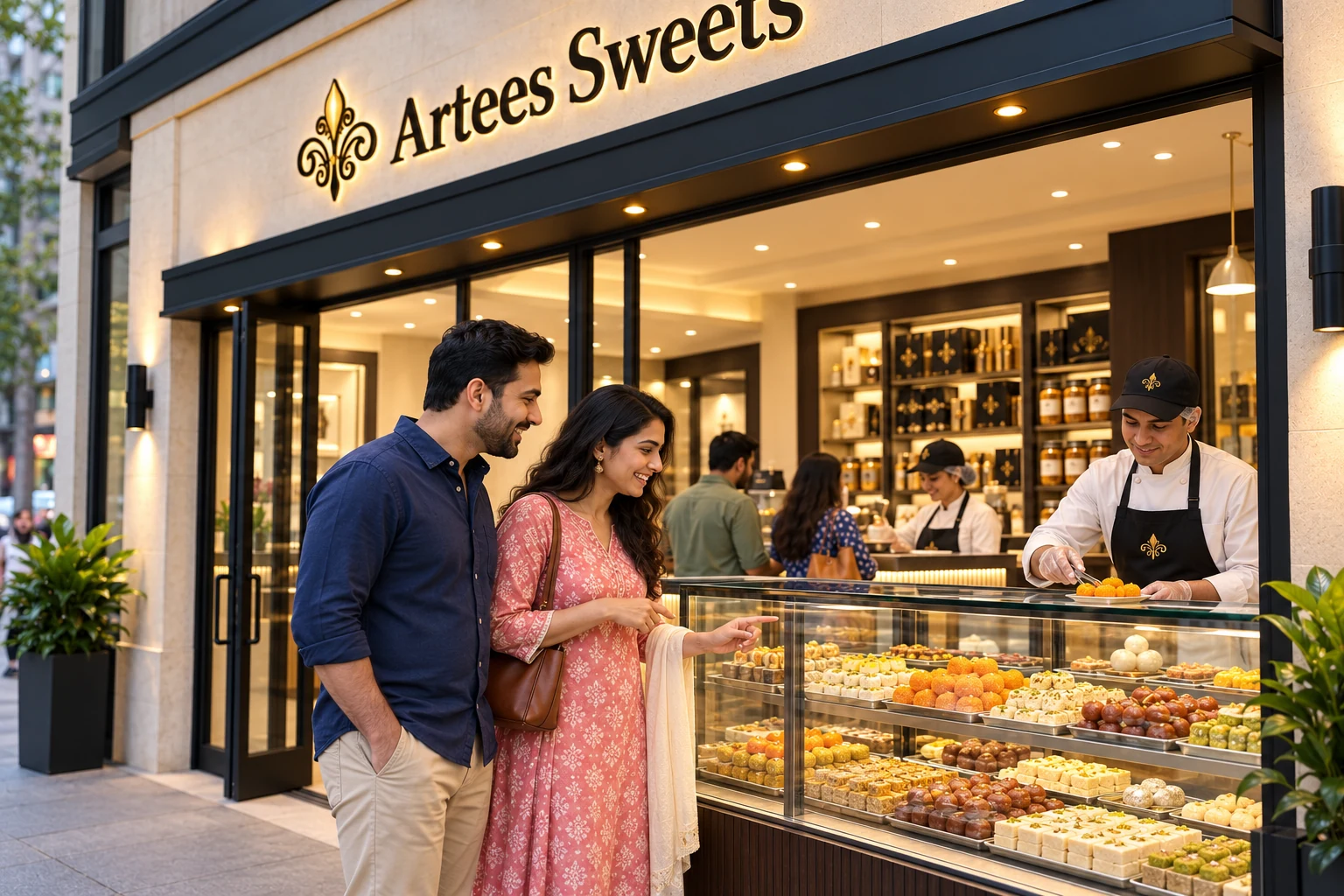 A couple arriving at an Artees Sweets store and looking toward its sweet display.