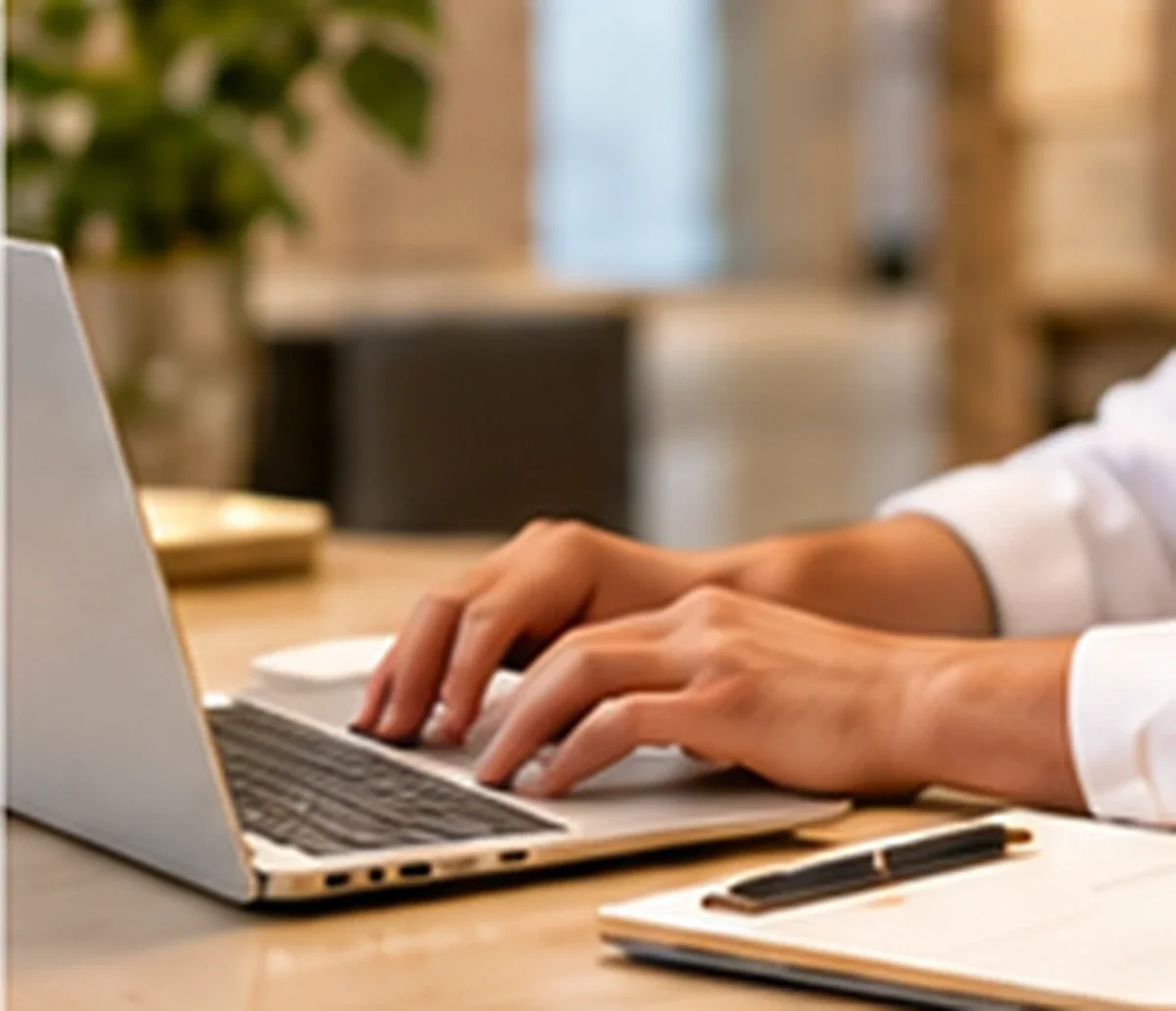 Hands typing an application on a laptop