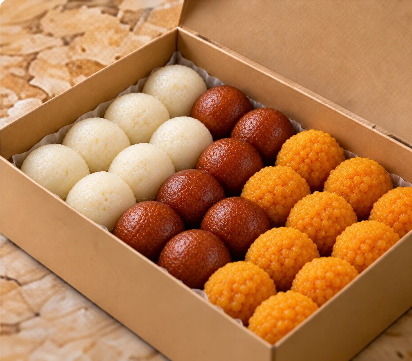 A box of assorted South Asian sweets