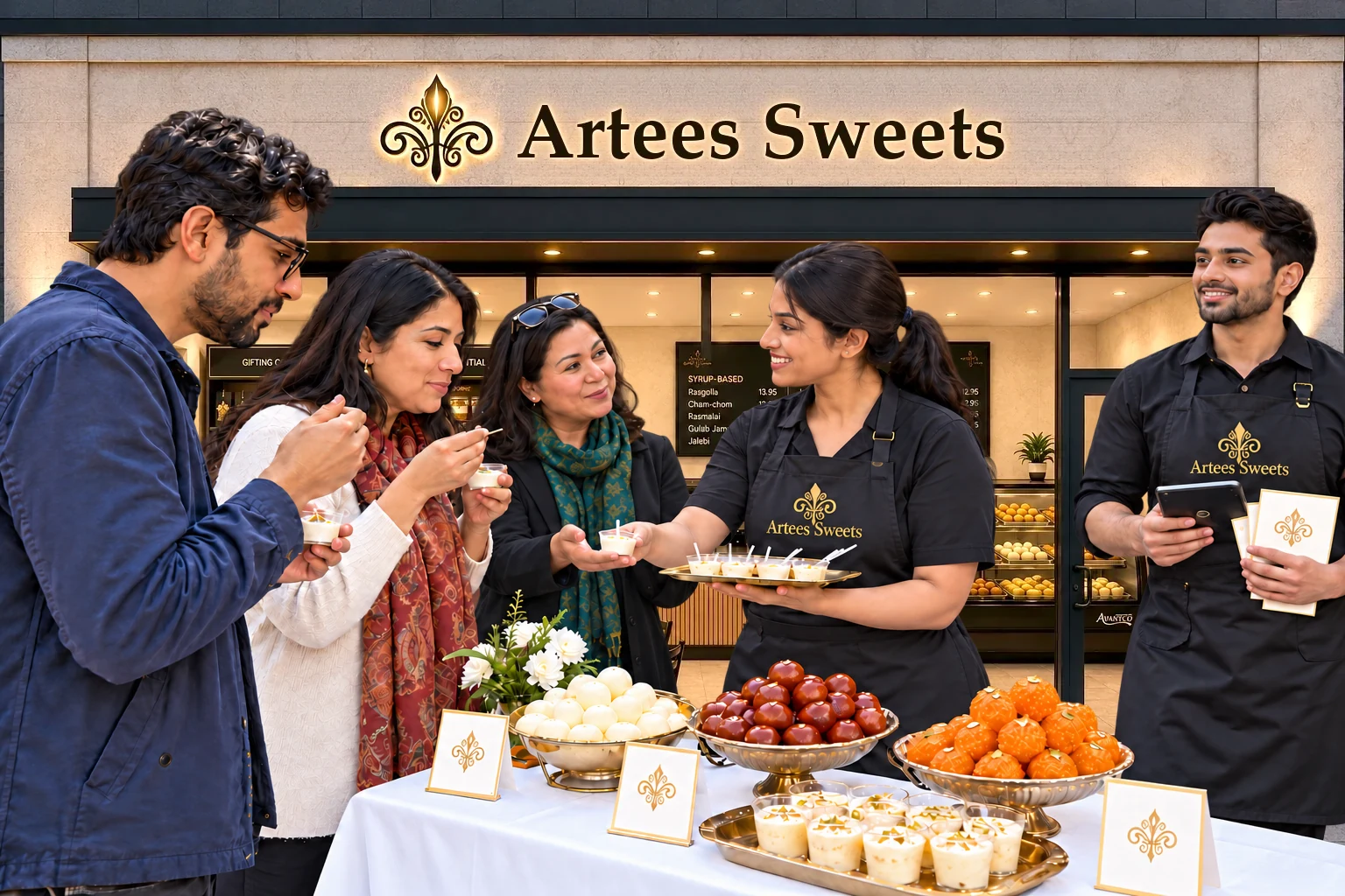 Customers sampling sweets offered by Artees Sweets staff outside a branded storefront