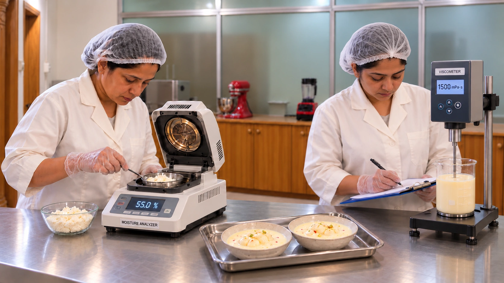 Artees laboratory assistants testing finished-curd moisture and rasmalai malai viscosity