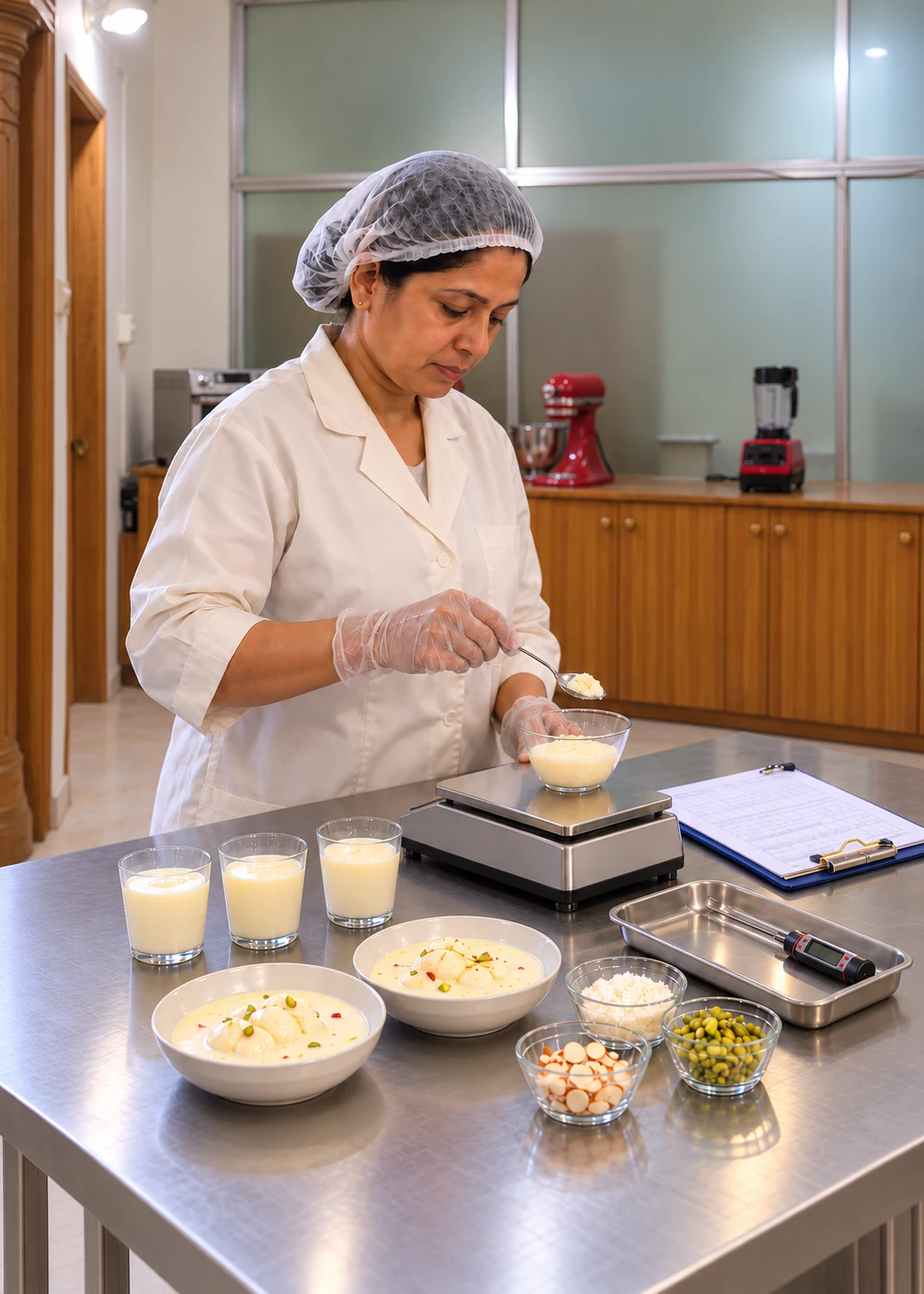 Artees development work: weighing an ingredient for rasmalai, with a record sheet and thermometer on the table