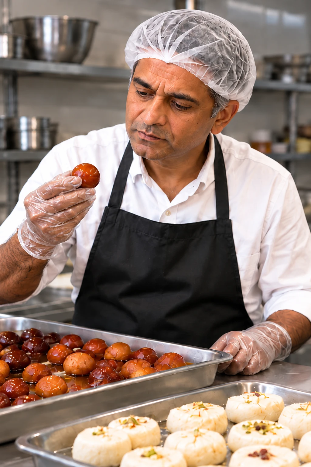 A new sweets shop owner examining a gulab jamun beside trays of sweets