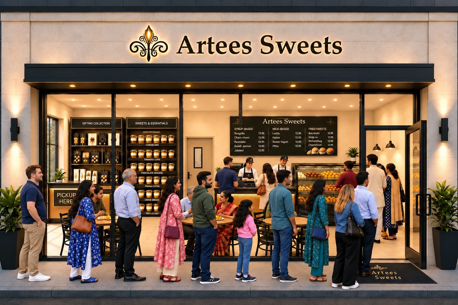 Customers queue outside Artees Sweets while diners sit inside and two uniformed workers serve at the counter.