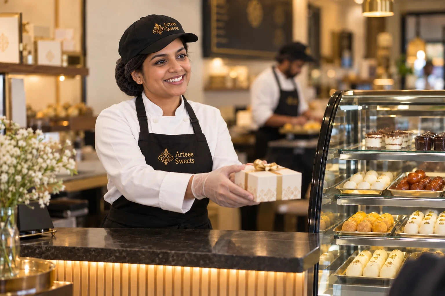 Artees Sweets owner-operator handing a gift box to a customer across the store counter