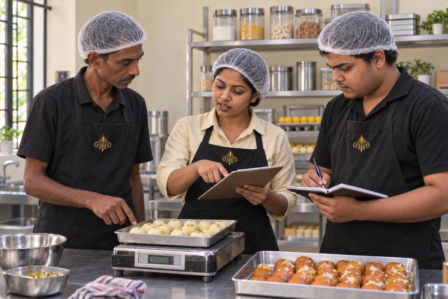 Artees Sweets owner-operator reviewing a production checklist with two team members at the production bench