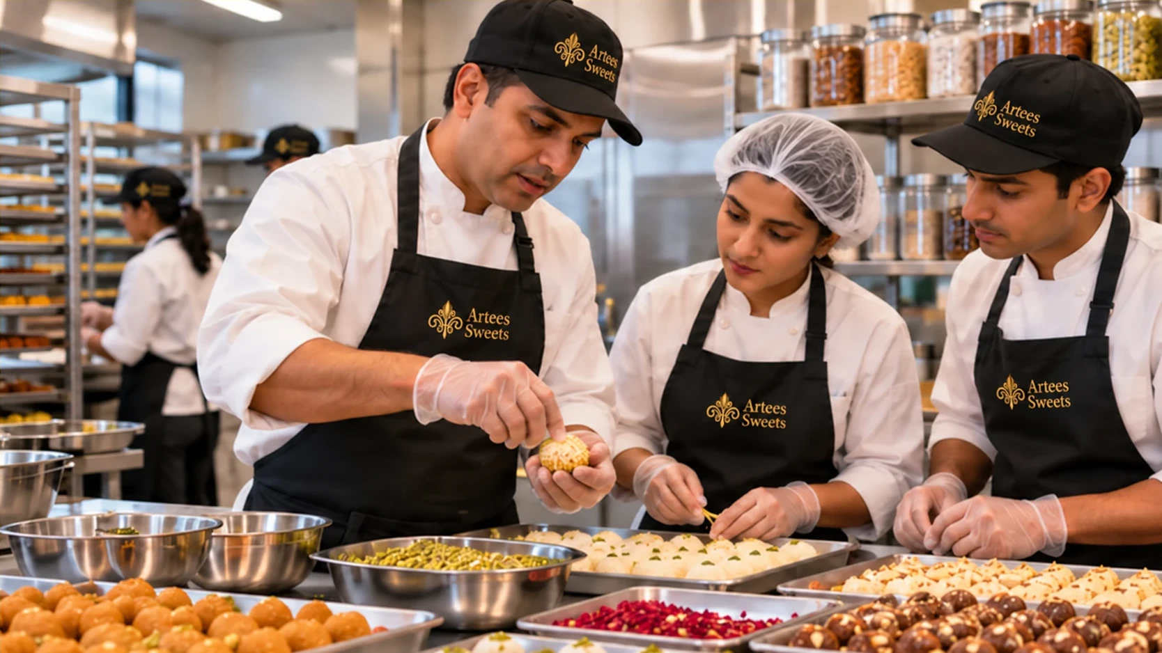 An Artees Sweets owner-operator showing two team members how to finish a sweet at a kitchen counter