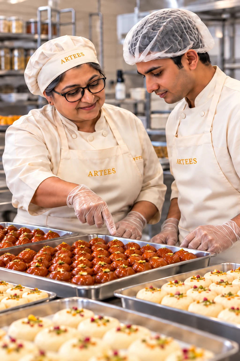 An Artees Sweets owner training a team member at trays of gulab jamun and rasmalai