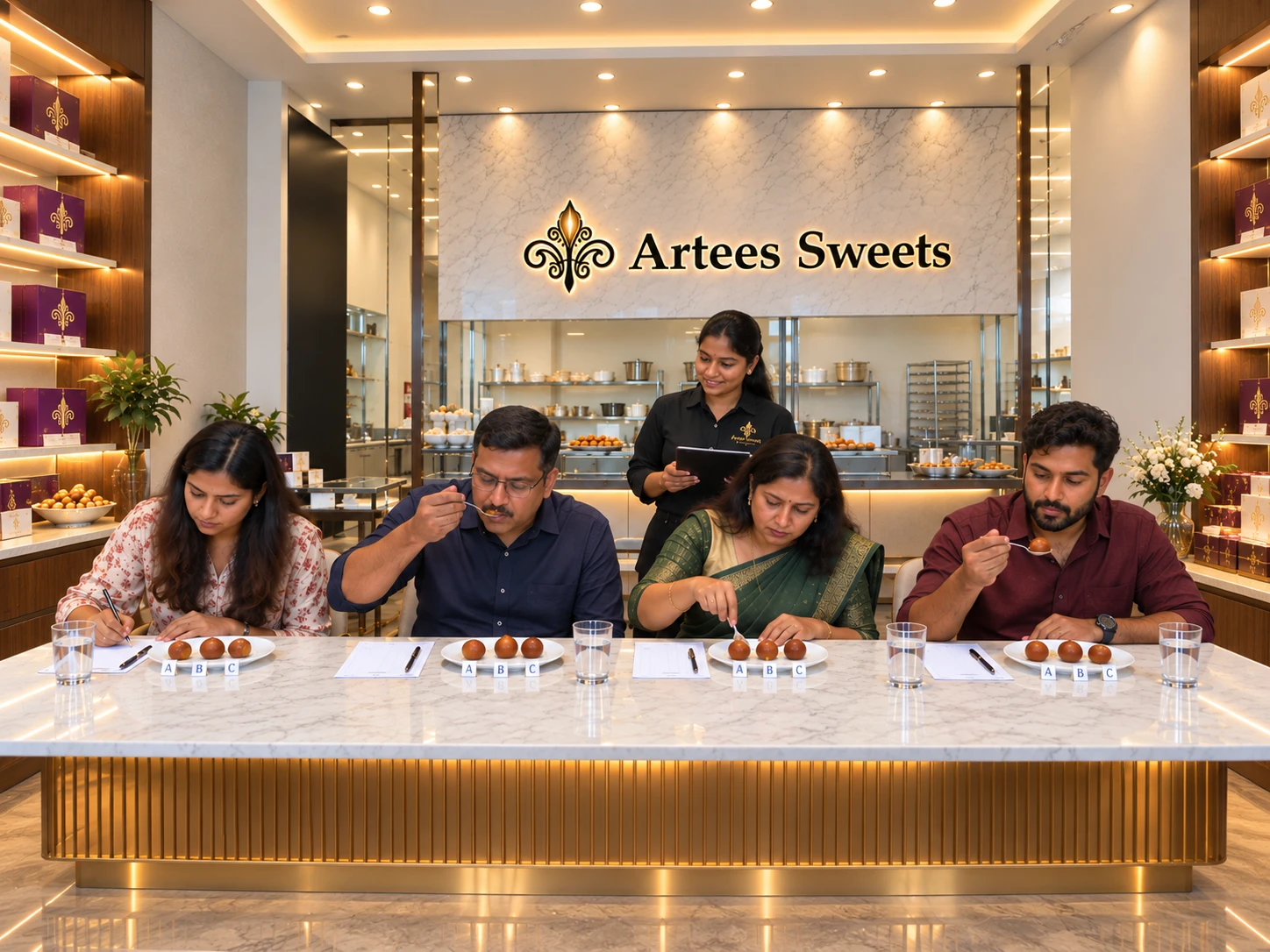 Prospective owner-operators tasting coded product samples at an Artees Sweets evaluation session