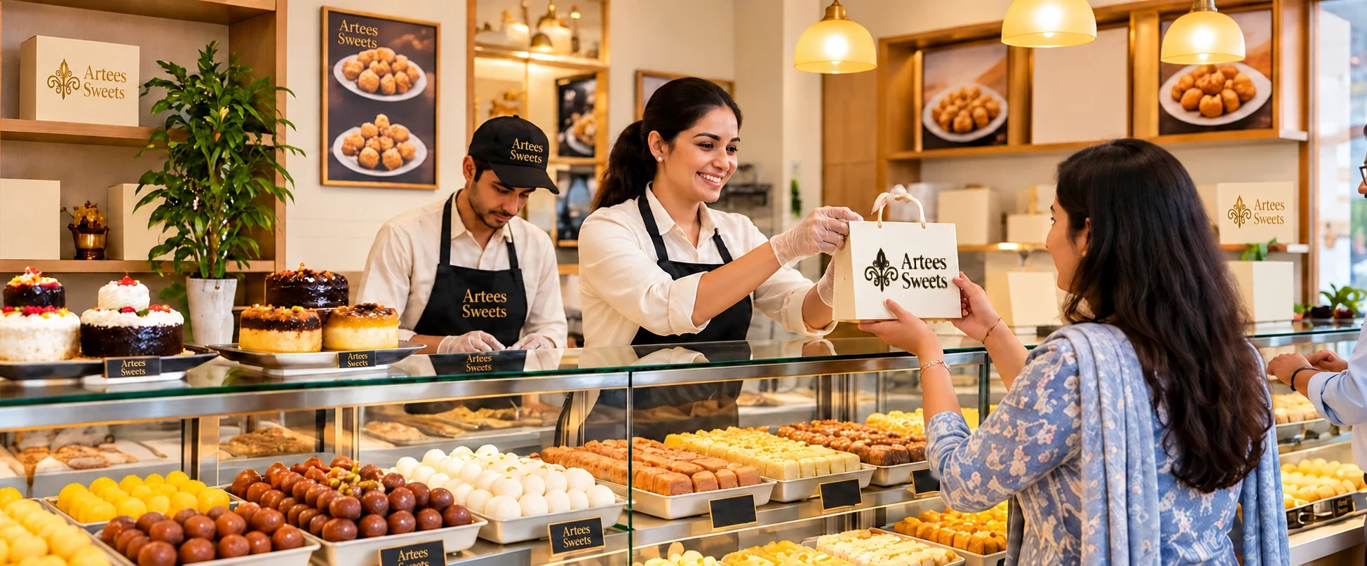An Artees Sweets team member handing a customer an Artees Sweets bag across a counter of sweets