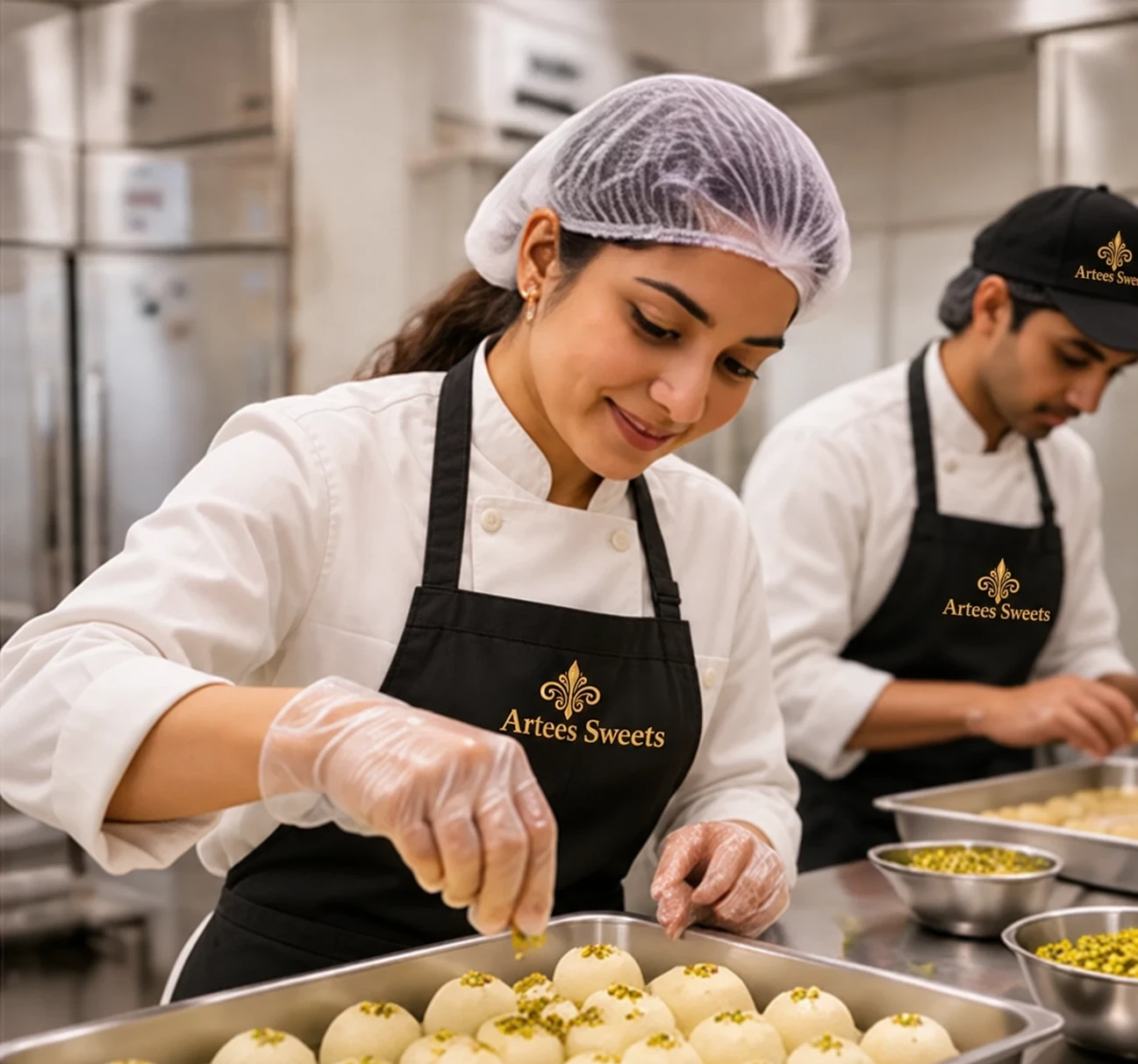 An Artees Sweets team member in uniform, hair net and gloves garnishing rasmalai with pistachio